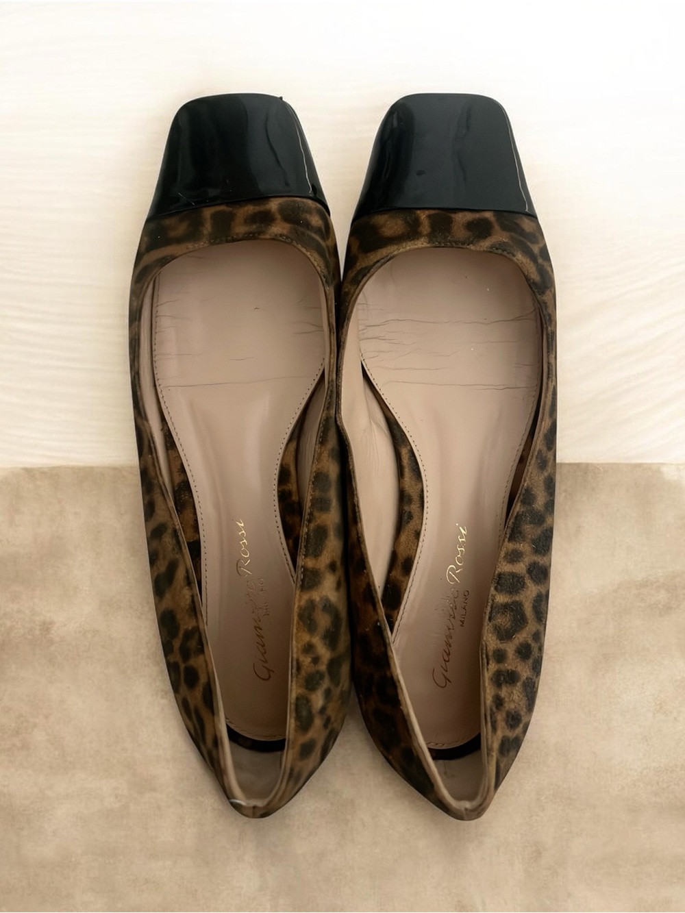 Gianvito Rossi Leopard-Print Flats with Black Patent Square Toe